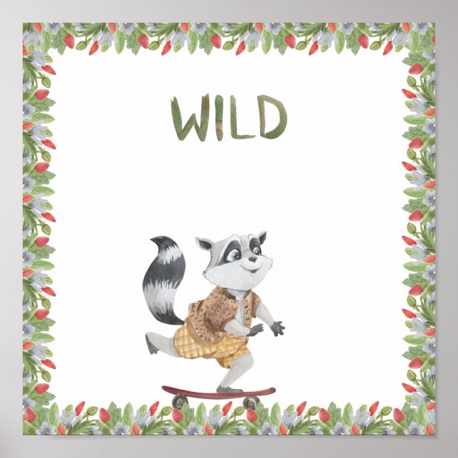Cute Racoon On A Skateboard Wild Text Poster (Framsidan)