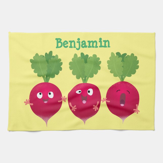 Cute radishes singel trio-tecknad-grönsaker kökshandduk (Horisontell)