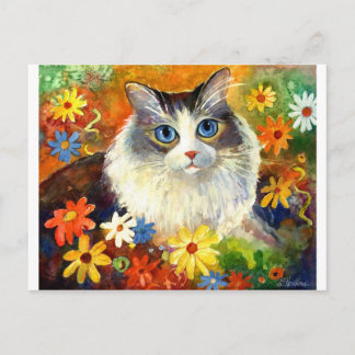 Cute Ragdoll Cat med blommor Vykort