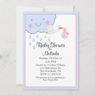 Cute Rain Cloud and Stork Baby Shower Inbjudningar