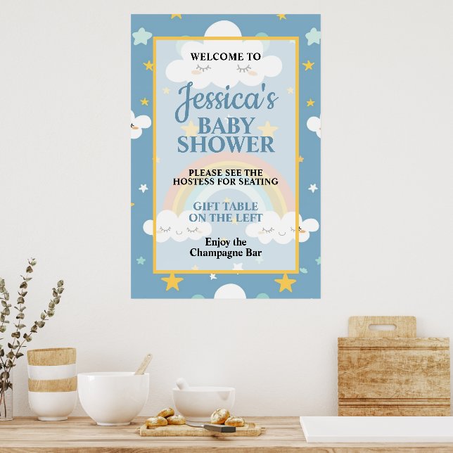 Cute Rainbow and Sleeping Cloud Baby Shower Poster (Kök)