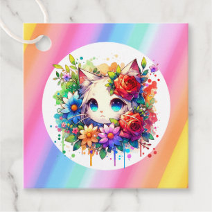 Cute Rainbow Anime Cat Birthday Cake Gåvor Etiketter