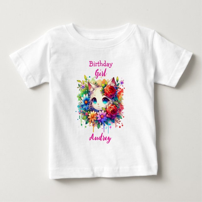 Cute Rainbow Anime Cat Birthday Girl Personlig T Shirt (Framsida)