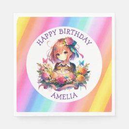 Cute Rainbow Anime Girl Birthday Cake Personlig Pappersservett