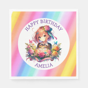 Cute Rainbow Anime Girl Birthday Cake Personlig Pappersservett
