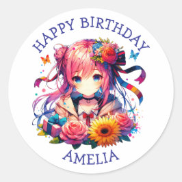 Cute Rainbow Anime Girl Birthday Personlig Runt Klistermärke