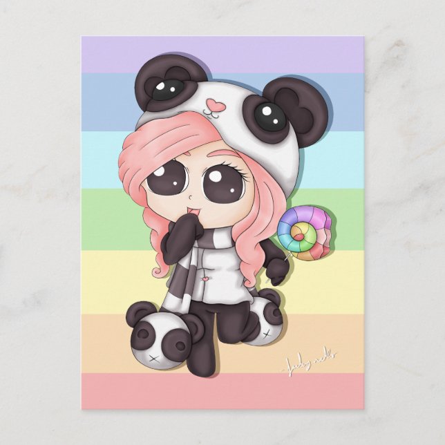 Cute Rainbow Anime Panda Girl Vykort (Framsida)