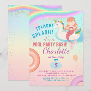 Cute Rainbow Bassäng Party Unicorn Sjöjungfru Bird Inbjudningar