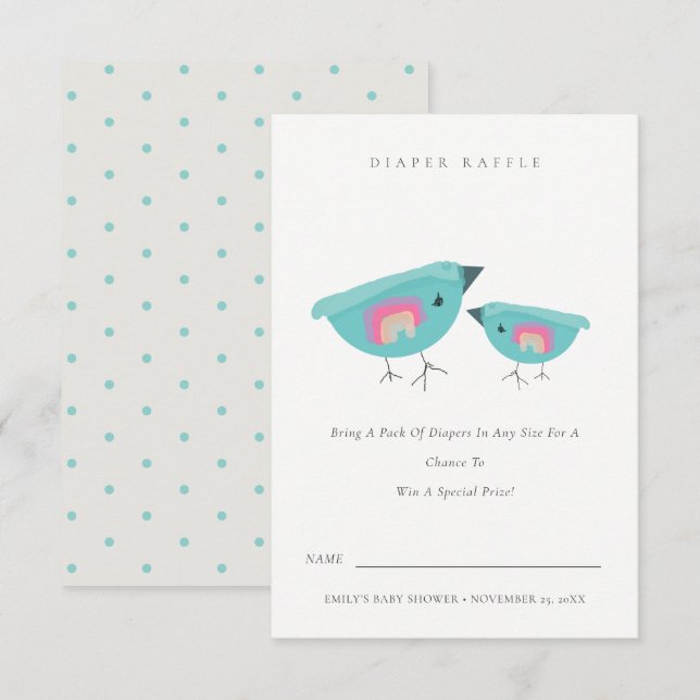 Cute Rainbow Blue Birdy Diaper Raffle Baby Shower Tilläggskort (Fram/baksida)