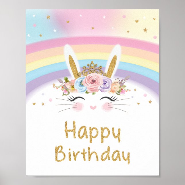 Cute Rainbow Bunny Grattis på födelsedagen Sign Poster (Framsidan)