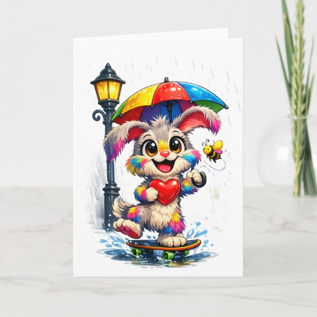 Cute Rainbow Bunny with Umbrella Design Kort (Framsida)