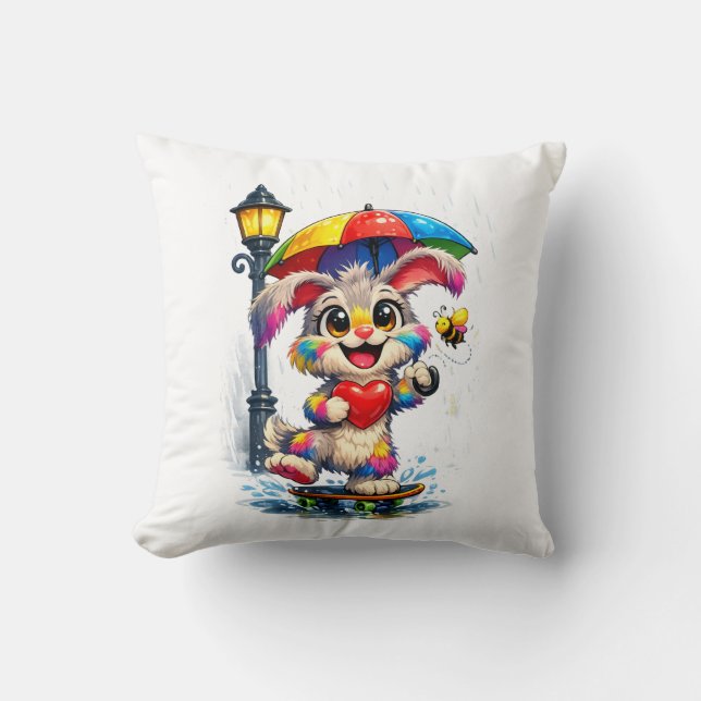 Cute Rainbow Bunny with Umbrella Design Kudde (Framsida)