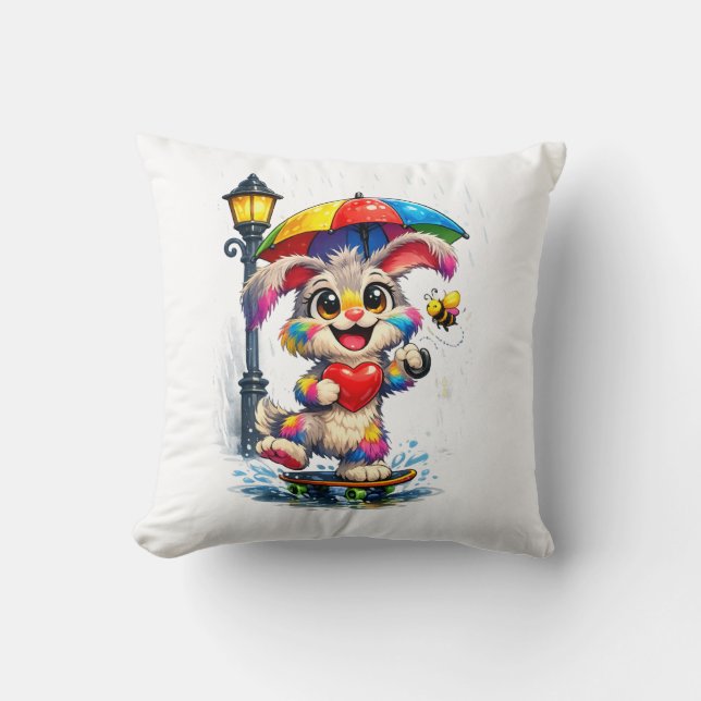Cute Rainbow Bunny with Umbrella Design Kudde (Framsida)