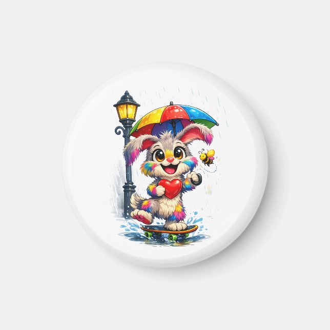 Cute Rainbow Bunny with Umbrella Design Magnet (Framsidan)