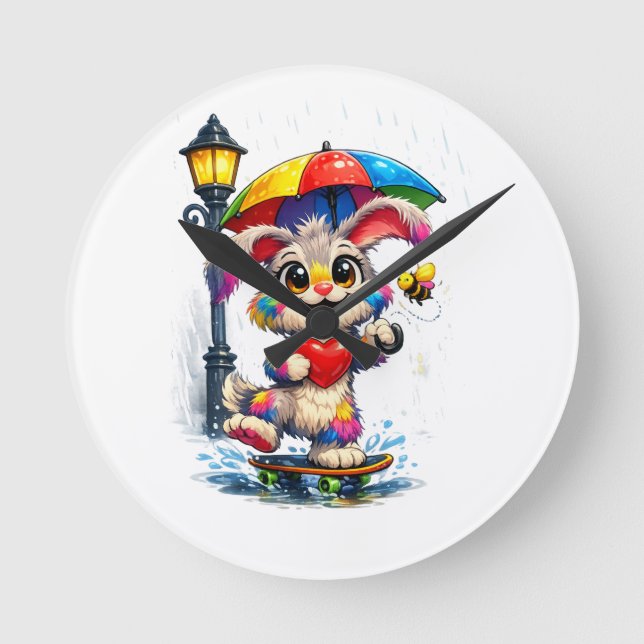 Cute Rainbow Bunny with Umbrella Design Rund Klocka (Framsida)