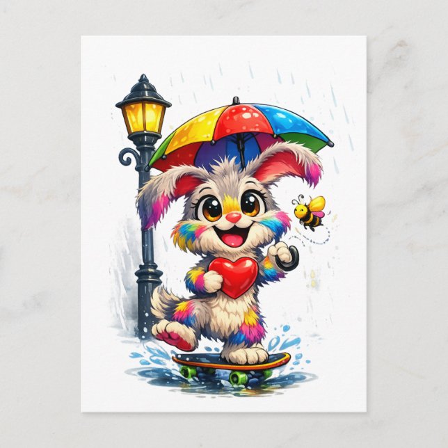 Cute Rainbow Bunny with Umbrella Design Vykort (Framsida)