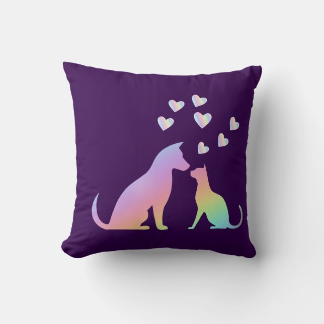 Cute Rainbow Cat and Dog Silhouette Love Purple To Kudde (Framsida)