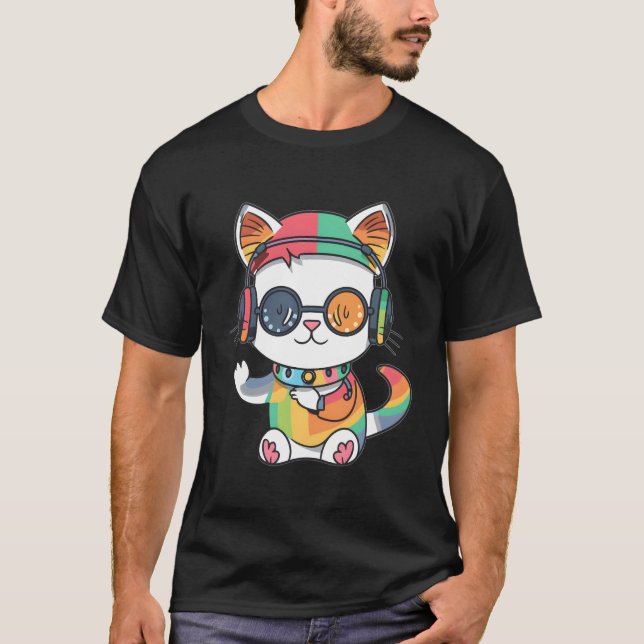 Cute Rainbow Cat Dj Techno Festival Raver T Shirt (Framsida)