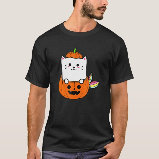 Cute Rainbow Cat Sjöjungfru Halloween Pumpkin Grap T Shirt (Framsida)