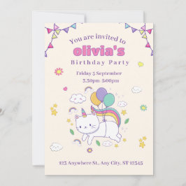 Cute Rainbow Cat Unicorn Birthday Invitation  Inbjudningar