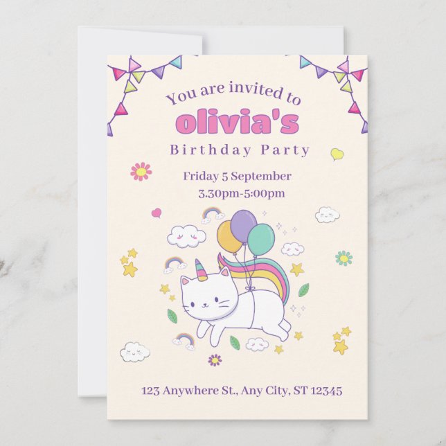 Cute Rainbow Cat Unicorn Birthday Invitation  Inbjudningar (Framsida)