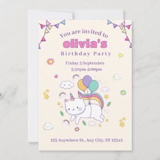 Cute Rainbow Cat Unicorn Birthday Invitation Inbjudningar