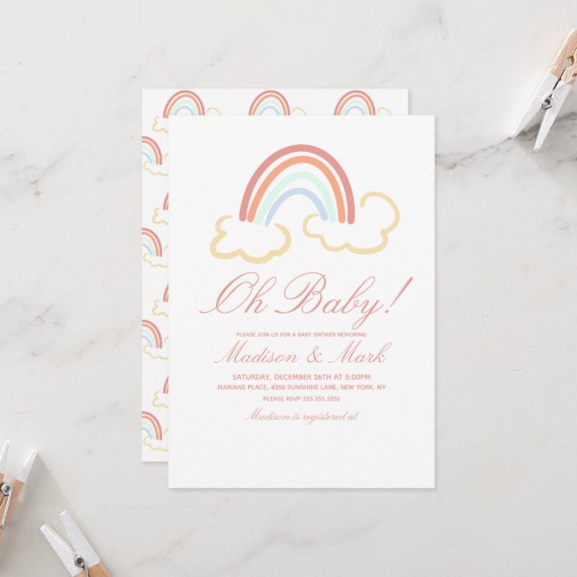 Cute Rainbow Cloud Doodle Baby Shower Inbjudningar (Fram/Back In Situ)