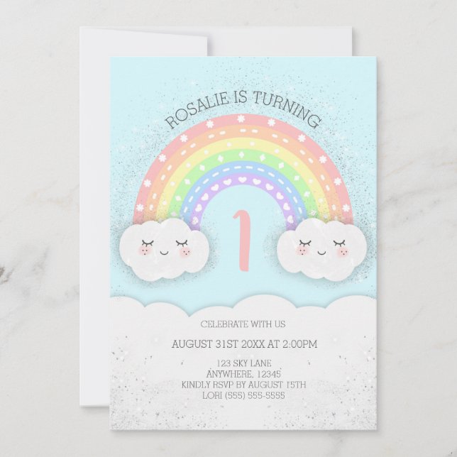 Cute Rainbow & Clouds Birthday-inbjudan | Blå Inbjudningar (Framsida)