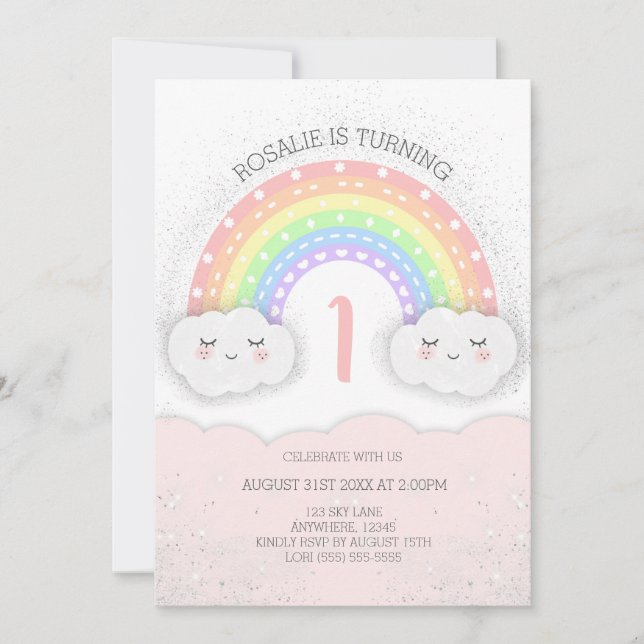Cute Rainbow & Clouds Birthday-inbjudan | ROSA Inbjudningar (Framsida)