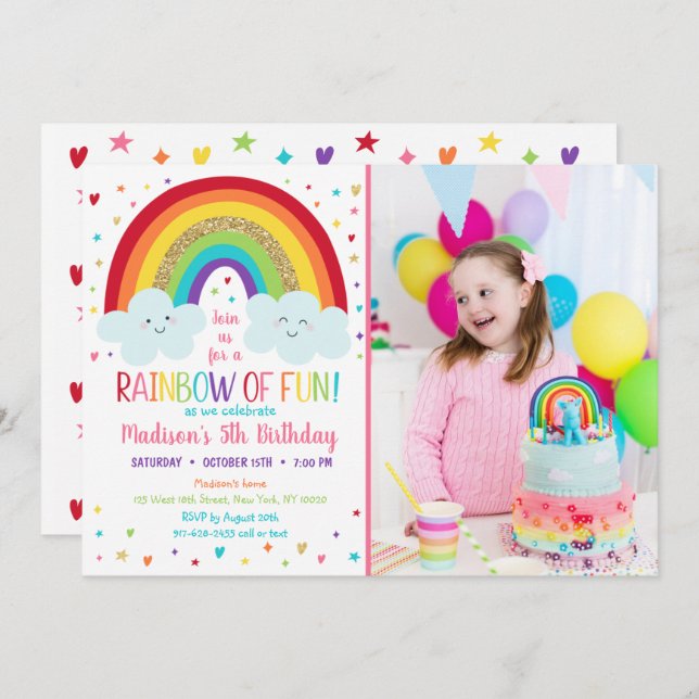 Cute Rainbow Clouds Birthday Inbjudningar (Fram/baksida)