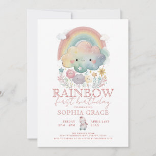 Cute Rainbow Clouds & Flowers Girl Birthday Inbjudningar