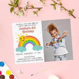 Cute Rainbow Clouds Kids Photo Birthday Inbjudningar