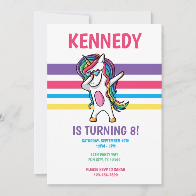 Cute Rainbow Dabbing Unicorn Flick kalas Inbjudningar (Framsida)
