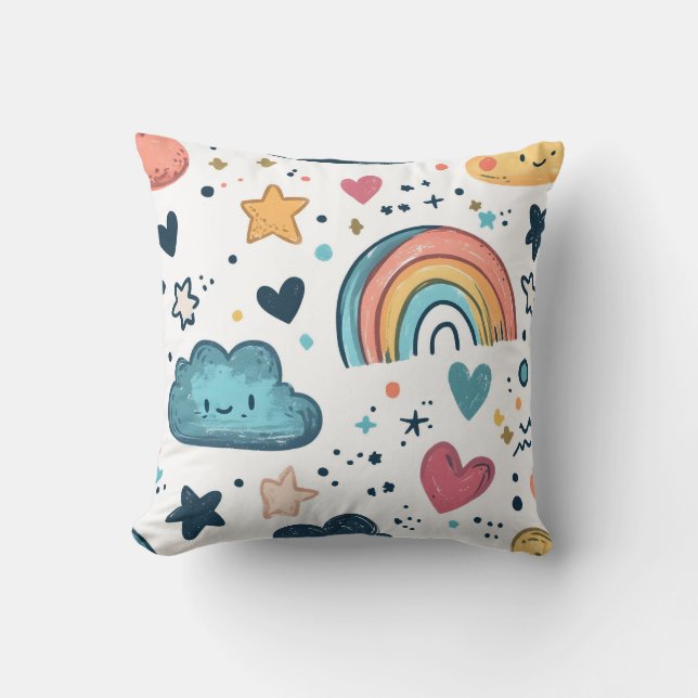 Cute Rainbow Doodle Mönster med moln och stjärnor Kudde (Framsida)