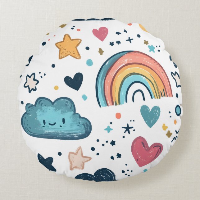 Cute Rainbow Doodle Mönster med moln och stjärnor Rund Kudde (Framsidan)