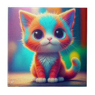 Cute Rainbow Färgad Sitta Kitten Tecknad Kakelplatta