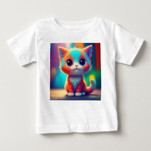 Cute Rainbow Färgad Sitta Kitten Tecknad T Shirt (Framsida)