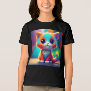Cute Rainbow Färgad Sitta Kitten Tecknad T Shirt