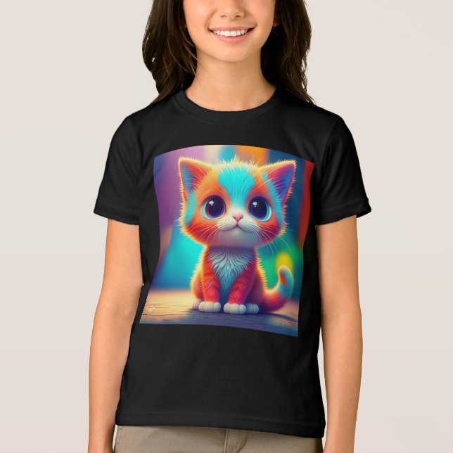 Cute Rainbow Färgad Sitta Kitten Tecknad T Shirt (Framsida)