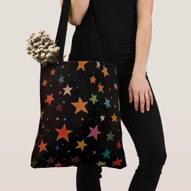 Cute Rainbow Färgad Stars Galaxy Black Background Tygkasse (Närbild)