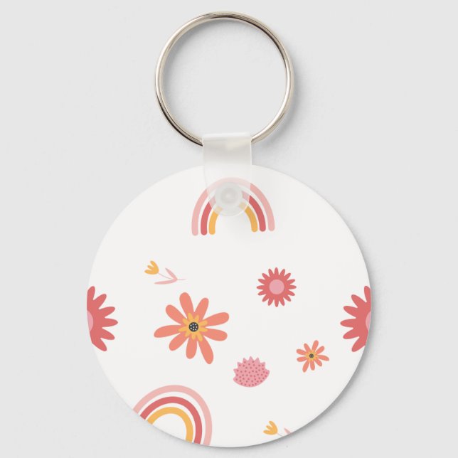 Cute Rainbow & Floral Pastel Pattern Nyckelring (Framsida)