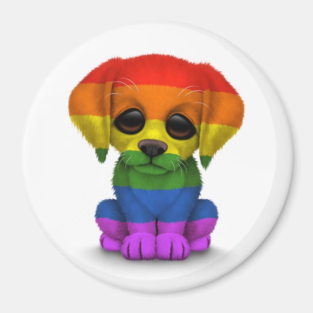 Cute Rainbow Gay pride Puppy Hund, White Magnet (Framsidan)