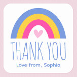 Cute Rainbow Heart Kids Tack Birthday Blue Fyrkantigt Klistermärke<br><div class="desc">Visa din uppskattning med den här födelsedagsfesten för snyggt! En söt design med en färgstark regnbåge över ett hjärta och personlig med ett barns namn. Denna mall för anpassningsbar är party favors, kuvertförseglingar eller för att fästa rosett band och märkre på paket. Perfekt för att tacka gäster vid barns födelsedagsfester....</div>