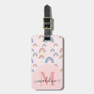 Cute Rainbow Heart Script Monogram Boho Rosa Bagagebricka