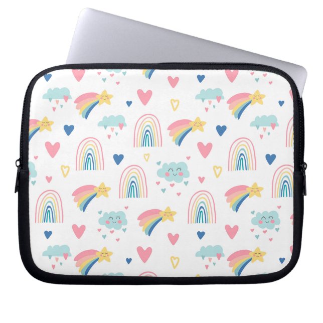 Cute Rainbow Hearts & Clouds Mönster Laptop Fodral (Framsidan)