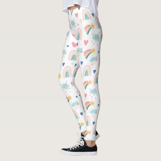Cute Rainbow Hearts & Clouds Mönster Leggings (Vänster)