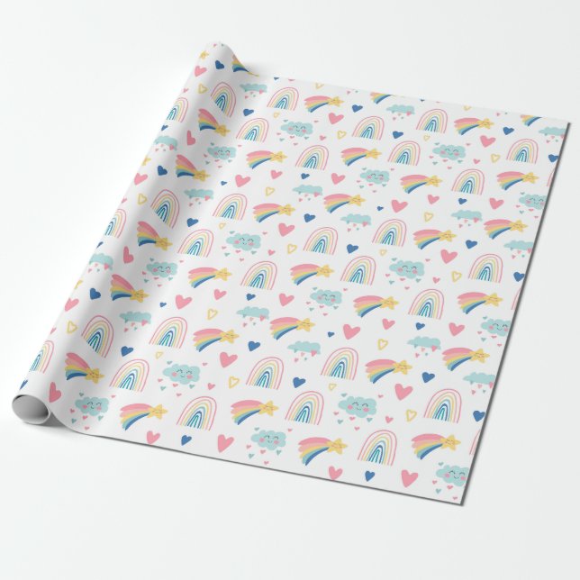 Cute Rainbow Hearts & Clouds Mönster Presentpapper (Utrullad)