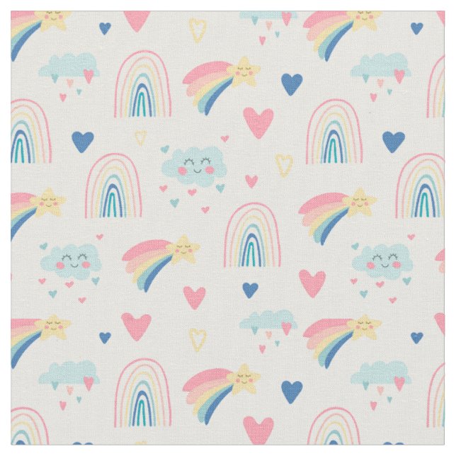Cute Rainbow Hearts & Clouds Mönster Tyg (Närbild)