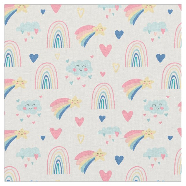 Cute Rainbow Hearts & Clouds Mönster Tyg (Närbild)