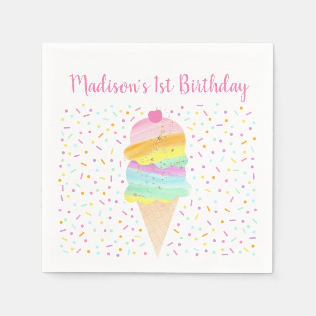 Cute Rainbow Ice Cream Birthday Pappersservett (Framsidan)